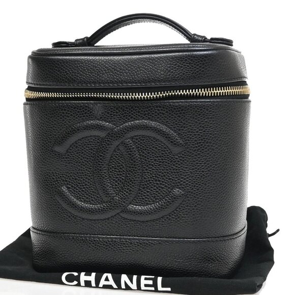 CHANEL CC Logo Vanity Hand Bag Grained Calfskin Leather Black GHW - Picture 1 of 15